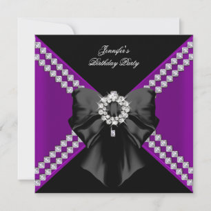 Purple Diamonds Elegant Birthday Party Black Invitation