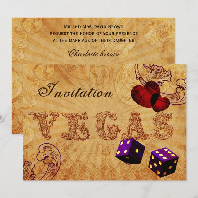 purple dice Vintage Vegas wedding invites (Front/Back)