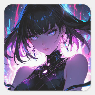 Purple Digital Anime Girl Square Sticker