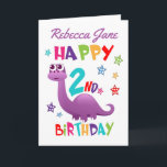 Purple Dinosaur 2nd Birthday Card<br><div class="desc">A special 2nd birthday card! This bright fun second birthday card features a blue dinosaur, some pretty stars and colourful text. A cute design for someone who will be two years old. Add the 2nd birthday child's name to the front of the card to customize it for the special boy...</div>