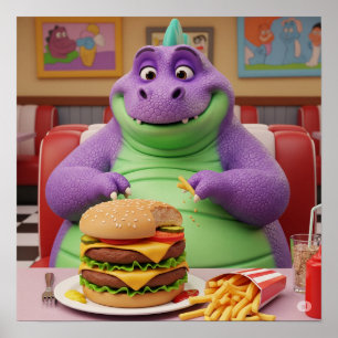 Purple Dinosaur Enjoying a Burger Poster