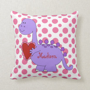 Purple Dinosaur on Pink Polka Dots, w Name Throw Pillow