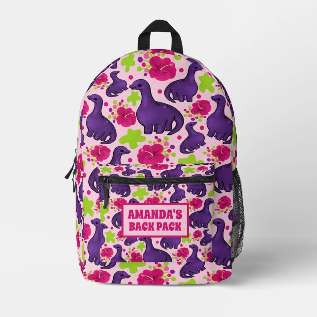 Purple Dinosaur Pattern Personalized Kids Name Printed Backpack (Front)