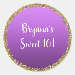 Purple Dipped Gold Glitter Glam Sparkle Party Classic Round Sticker