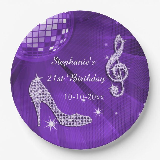 Purple Disco Ball and Heels 21st Birthday Paper Plate (Front)
