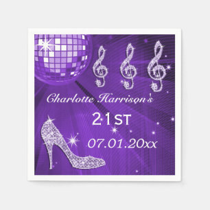 Purple Disco Ball and Sparkle Heels 21st Napkin