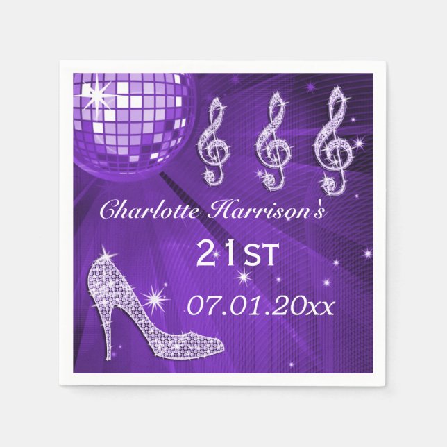 Purple Disco Ball and Sparkle Heels 21st Napkin (Front)