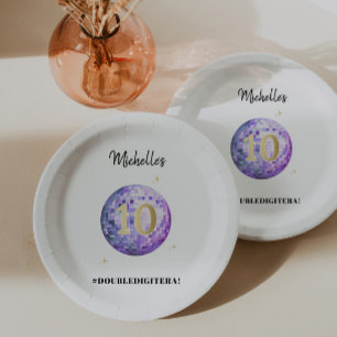 Purple Disco In My Double Digit Era 10th Birthday Paper Plate