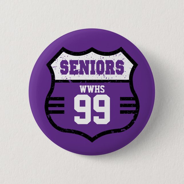 Purple Distressed Seniors Road Sign 2 Inch Round Button (Front)