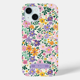 Purple Ditsy Flowers Monogrammed iPhone 15 Case