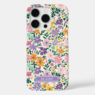 Purple Ditsy Flowers Monogrammed iPhone 16 Pro Case