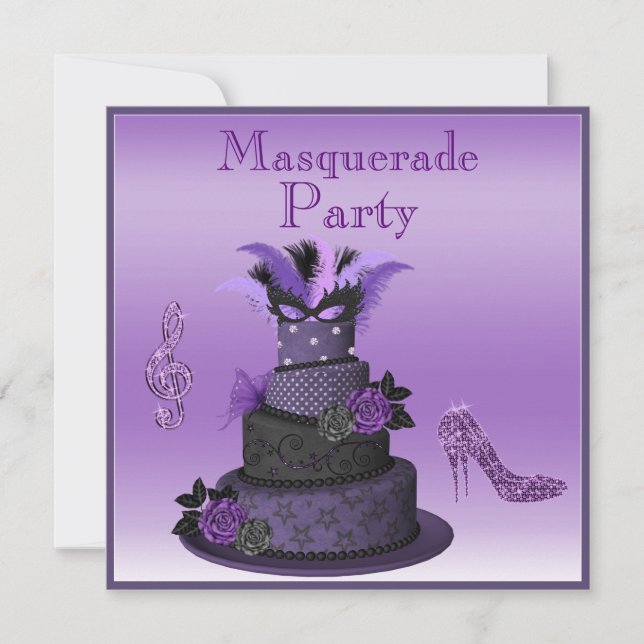 Purple Diva Cake, Sparkle Heels Masquerade Party Invitation (Front)