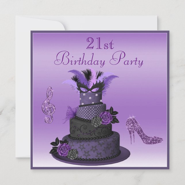 Purple Diva Cake, Sparkle High Heels 21st Birthday Invitation (Front)