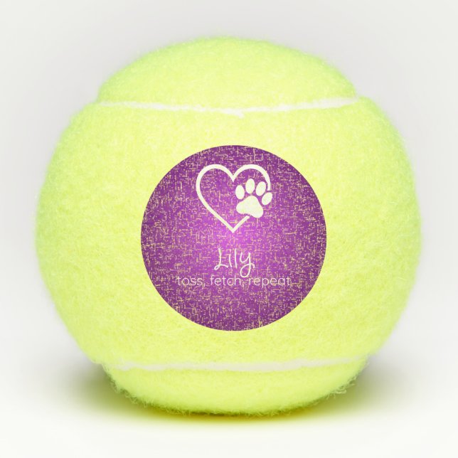 Purple Dog Name Tennis Ball 'toss, fetch, repeat' (Front)