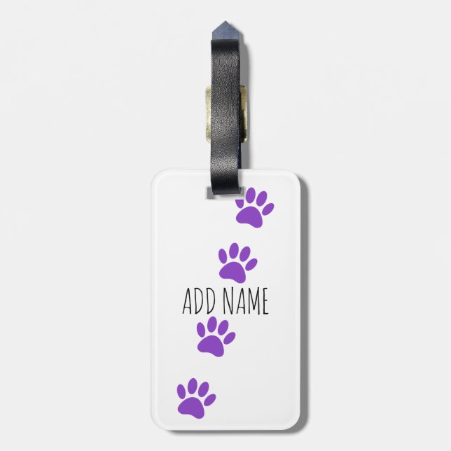 Purple Dog Paw Prints Custom Name Luggage Tag (Back Vertical)