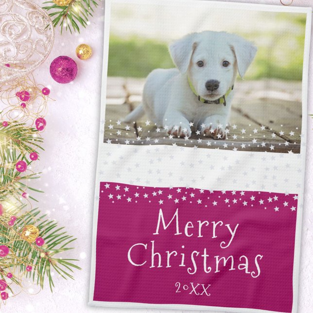 Purple Dog Pet Photo Stars Merry Christmas  Kitchen Towel (Creator Uploaded)