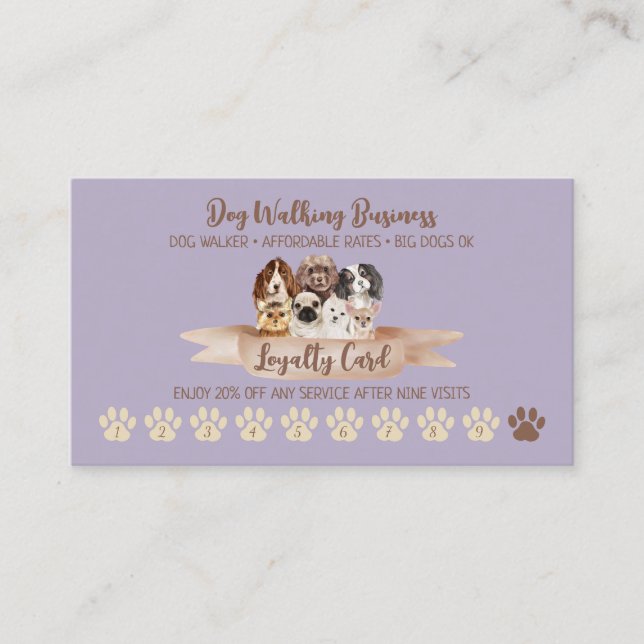 Purple Dog Walker Loyalty Discount Paw Business Card (Front)