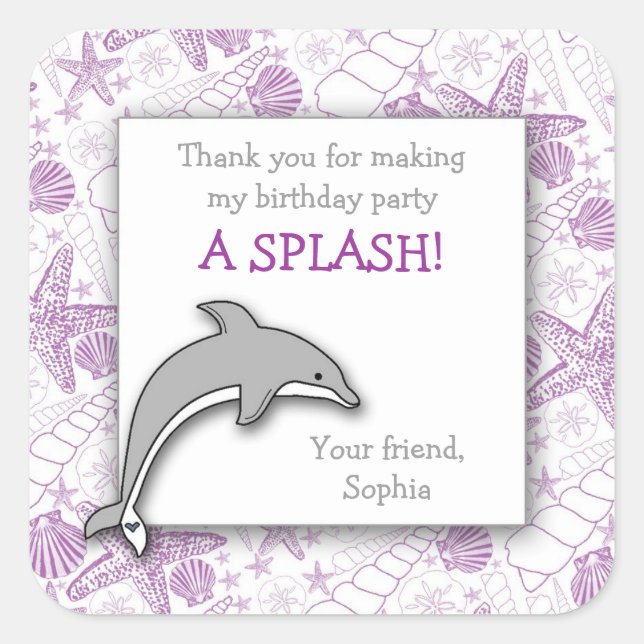 Purple Dolphin Birthday Party Favour Sticker (Front)