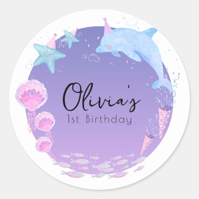 Purple dolphin mermaid birthday  classic round sticker (Front)