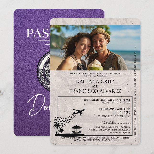 Purple Dominican Republic Passport Wedding Invitation (Front/Back)