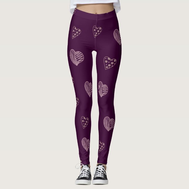Purple Doodle Hearts Leggings (Front)