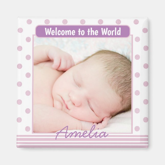 Purple Dots Personalised Custom Baby Photo Magnet (Front)