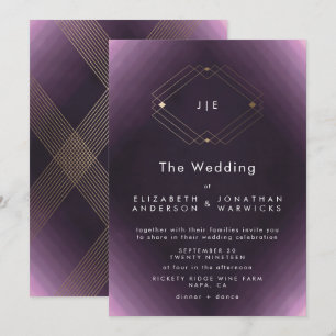 Purple Double Monogram Geometric Gold Wedding Invitation