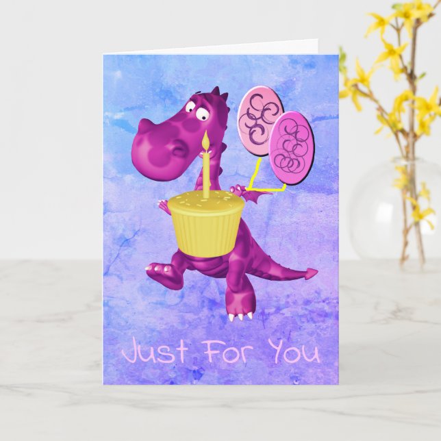 Purple Dragon Cupcake Balloons Birthday  Card (Yellow Flower)