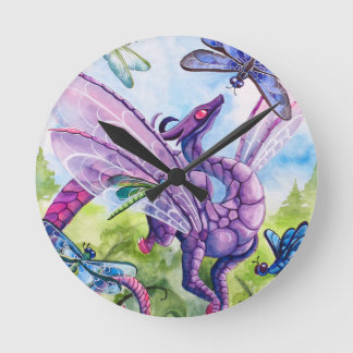 Purple Dragon Dragonfly spring artwork Round Clock