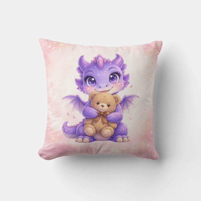 Purple Dragon Hugging Teddy Bear Throw Pillow (Front)