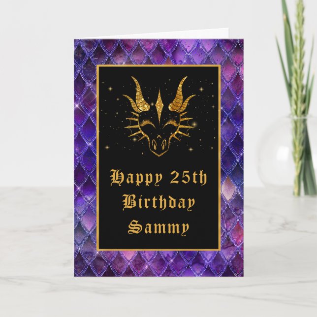 Purple Dragon Scales Faux Glitter Happy Birthday Card (Front)