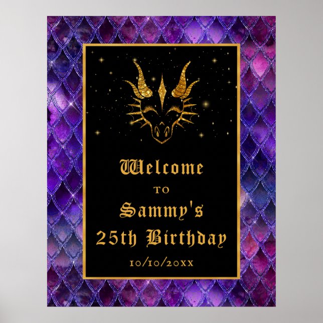 Purple Dragon Scales Gold Birthday Party Welcome Poster (Front)