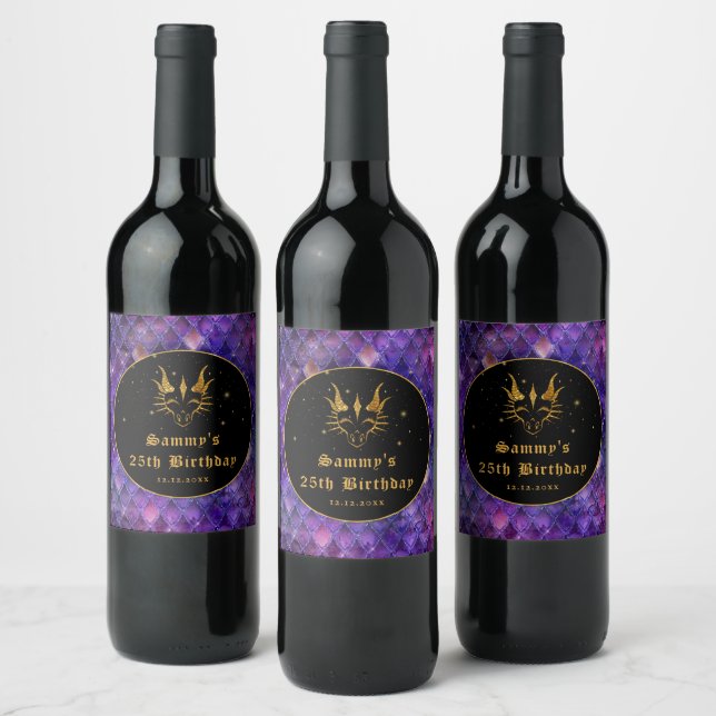 Purple Dragon Scales Gold Faux Glitter Birthday Wine Label (Bottles)