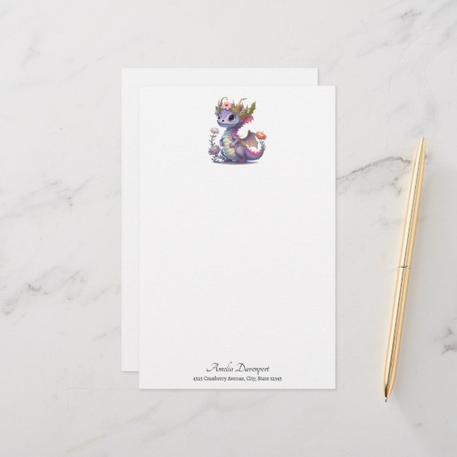 Purple Dragon with Elegant Crown Stationery (Front/Back In Situ)