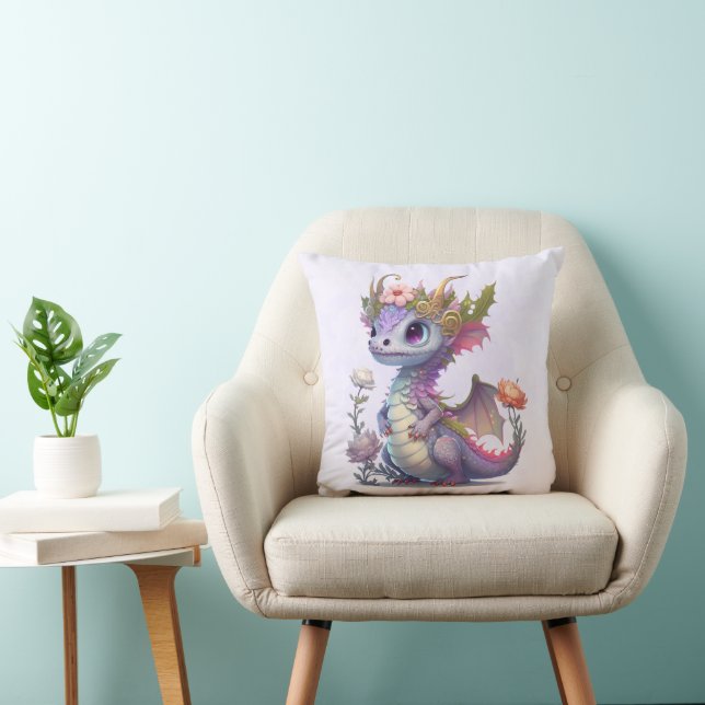 Purple Dragon with Elegant Crown Throw Pillow (Chair)