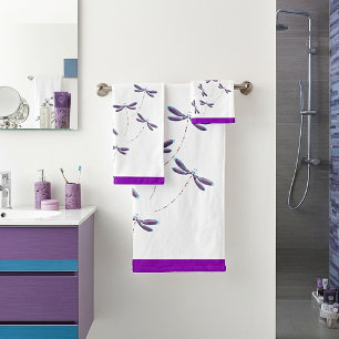 Purple dragonflies bath towel set