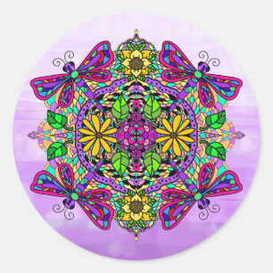 Purple Dragonfly and Flowers Mandala Hand Drawn   Classic Round Sticker