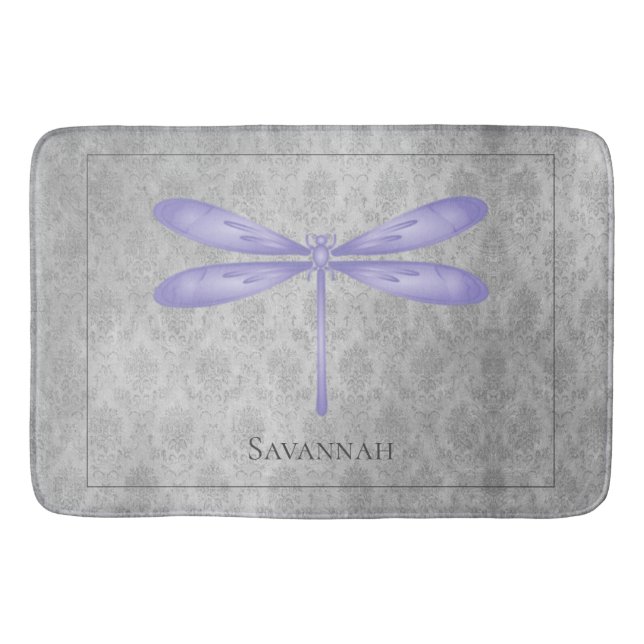Purple Dragonfly Damask Bath Mat (Front)