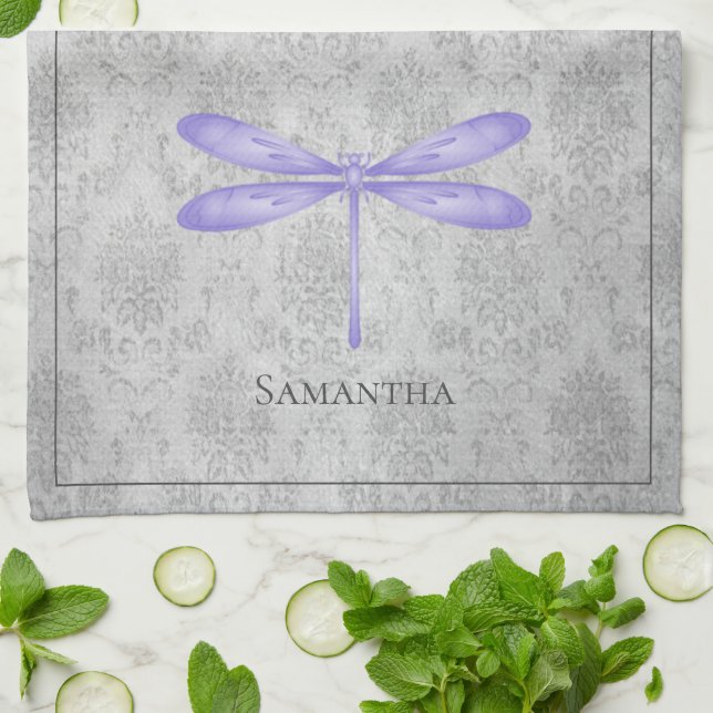 Purple Dragonfly Damask Kitchen Towel (Folded)