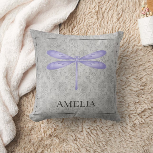 Purple Dragonfly Damask Throw Pillow (Blanket)