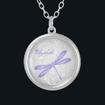 Purple Dragonfly Necklace<br><div class="desc">Personalize a unique gift for your bridesmaids with a Purple Dragonfly Necklace. Necklace design features a vibrant dragonfly against an elegant floral vine and grey damask background. Personalize with the bridesmaid's name for a cherished reminder of your big day. Additional wedding stationery available with this design as well. Need help...</div>