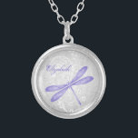 Purple Dragonfly Necklace<br><div class="desc">Personalize a unique gift for your bridesmaids with a Purple Dragonfly Necklace. Necklace design features a vibrant dragonfly against an elegant floral vine and grey damask background. Personalize with the bridesmaid's name for a cherished reminder of your big day. Additional wedding stationery available with this design as well. Need help...</div>