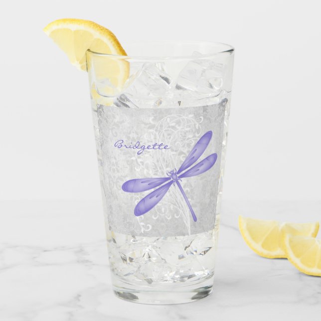 Purple Dragonfly Personalized Glass Cup (Front Ice)