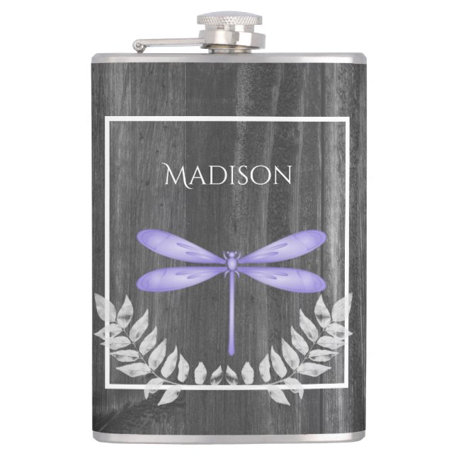 Purple Dragonfly Rustic Flask (Front)