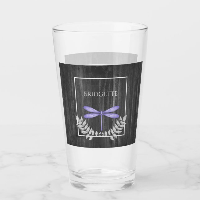 Purple Dragonfly Rustic Personalized Glass (Front)