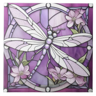 Purple Dragonfly Stained Glass Flower Tile