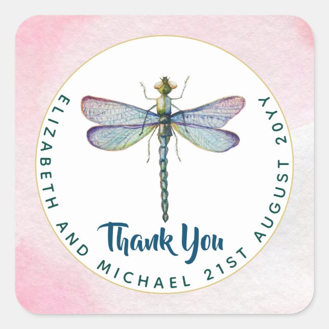 Purple Dragonfly Watercolor Floral Wedding Budget Square Sticker (Front)