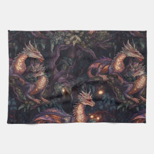 Purple Dragons Perched in Trees Kitchen Towel