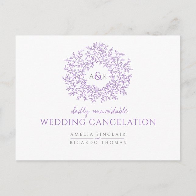 Purple drawn leaf monogram wedding cancellation announcement postcard (Front)