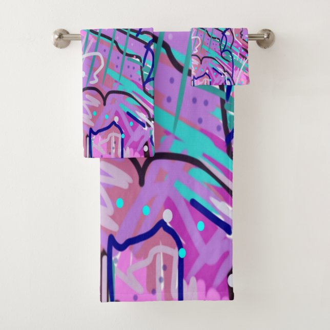 Purple Dream Expressive Abstract Print Bath Towel Set (Insitu)